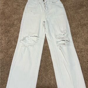 SHEIN White Distressed Straight Leg Jeans